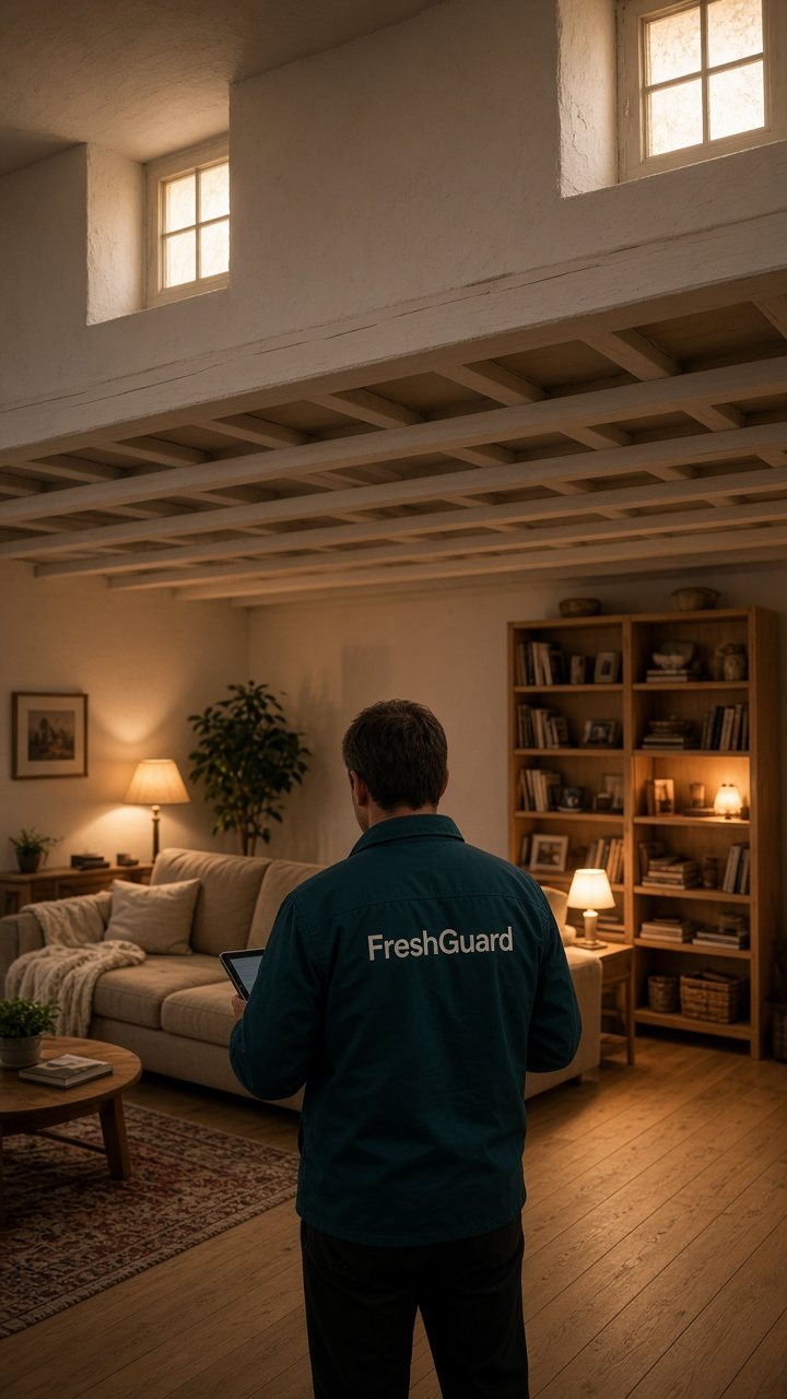 FreshGuard-specialist bekijkt een afgewerkte kelder-familiekamer