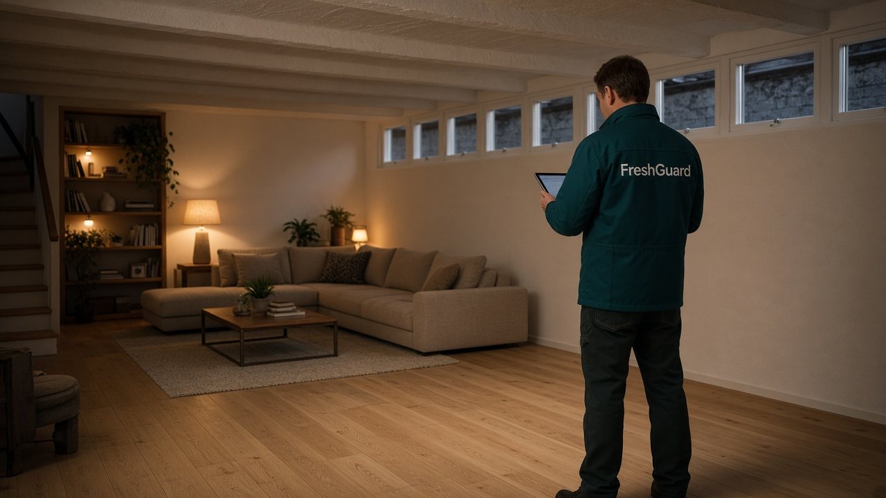 FreshGuard-specialist bekijkt een afgewerkte kelder-familiekamer