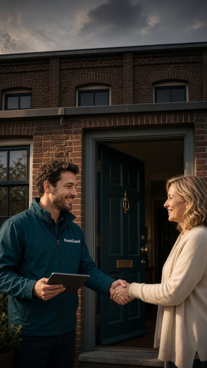 FreshGuard-specialist begroet een huiseigenaar bij de voordeur