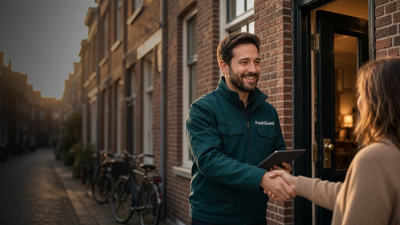FreshGuard-specialist begroet een huiseigenaar bij de voordeur