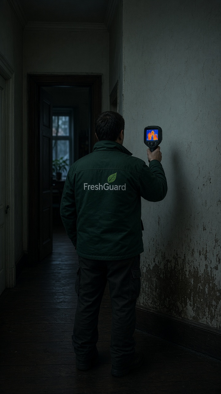 FreshGuard-specialist controleert een gangmuur op verborgen vocht met een warmtebeeldcamera