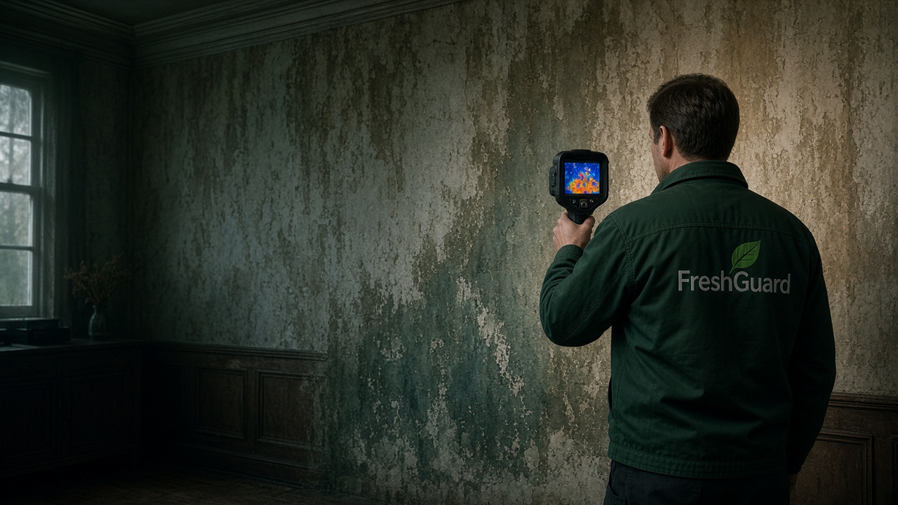 FreshGuard-specialist scant een vochtige muur met een warmtebeeldcamera