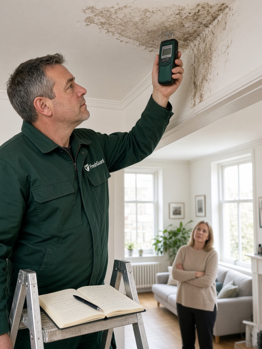 FreshGuard-inspecteur meet een plafond met een watervlek met een vochtmeter