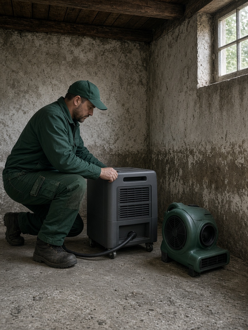 FreshGuard-specialist plaatst een luchtontvochtiger en ventilator in een vochtige kelder