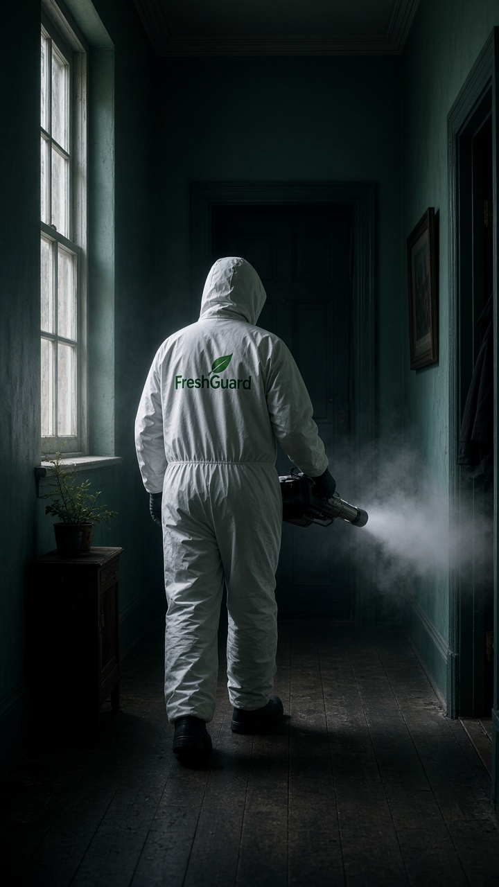 FreshGuard-specialist vernevelt een gang om hardnekkige geuren te verwijderen