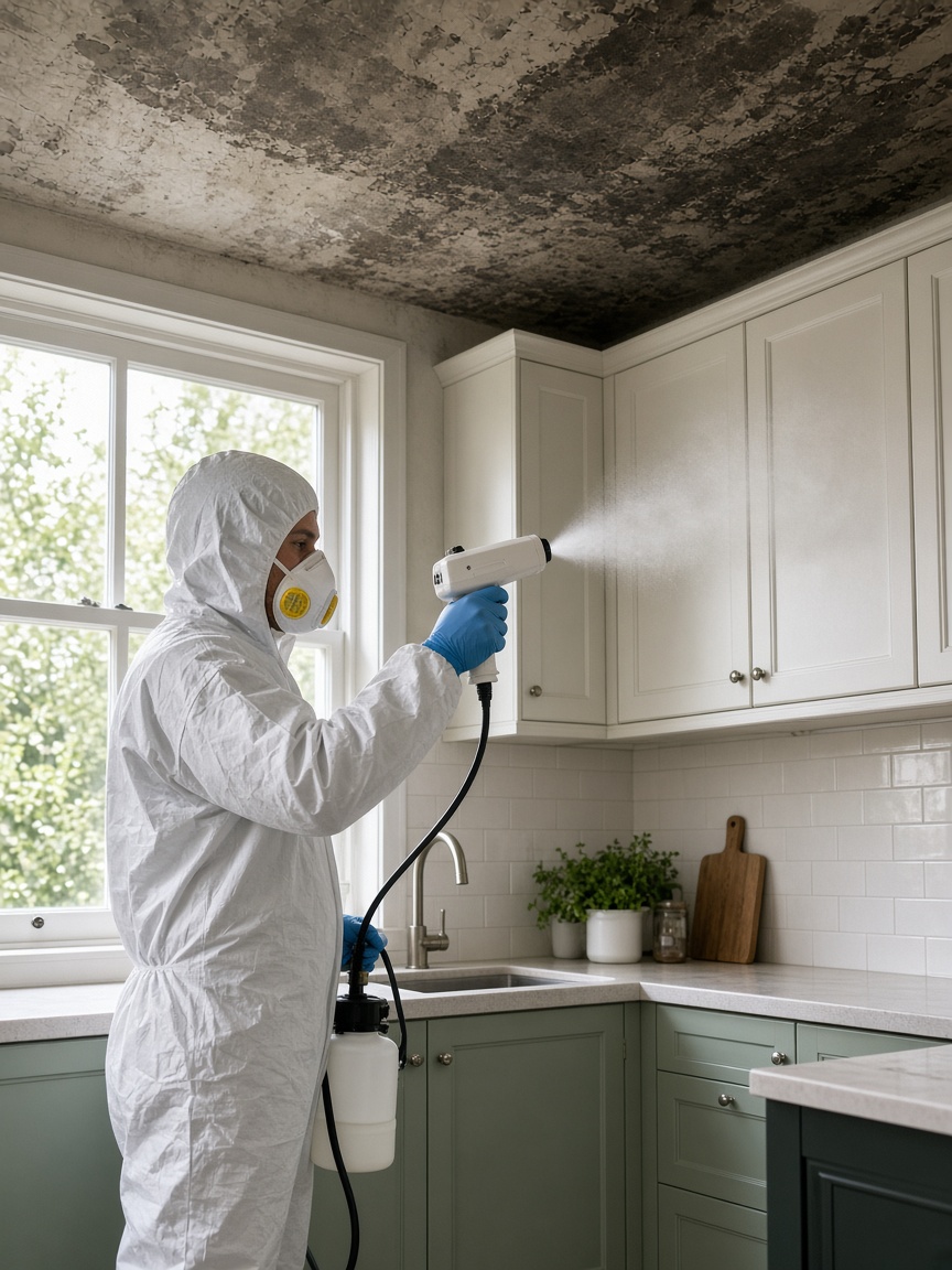 Technicus brengt een desinfecterende geurneutralisator aan op een rookaangetast keukenplafond