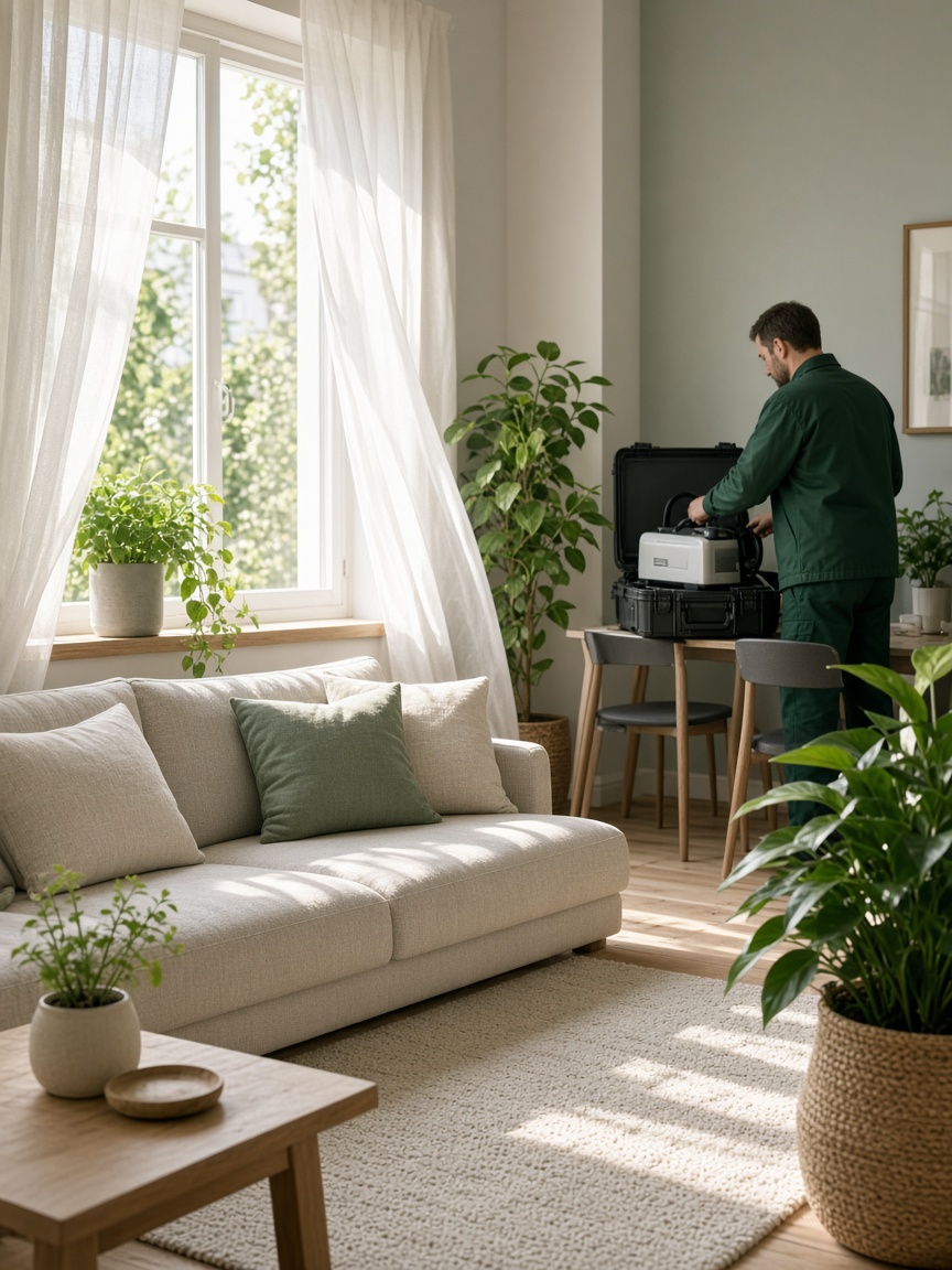 Frisse, lichte woonkamer na een professionele geurbehandeling, met een FreshGuard-technicus die apparatuur inpakt