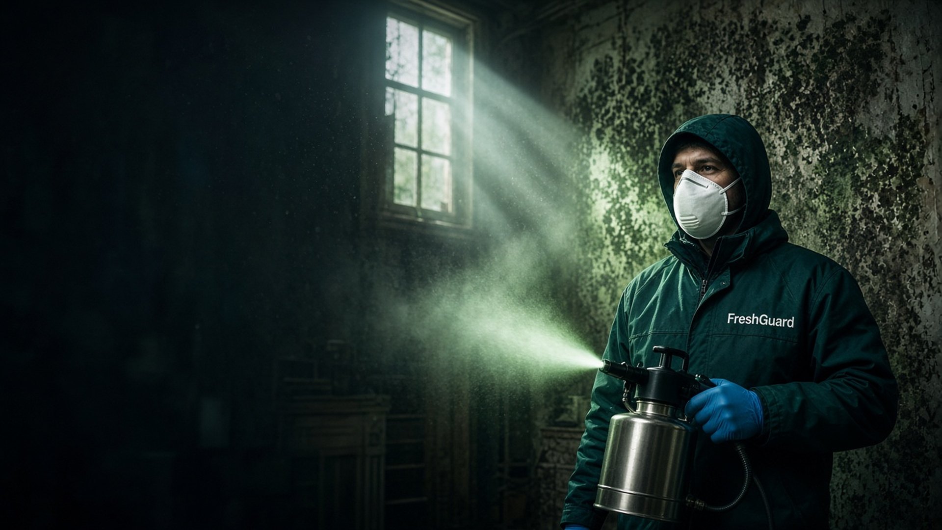 FreshGuard-specialist vernevelt een schimmelmuur in een donkere, vochtige ruimte