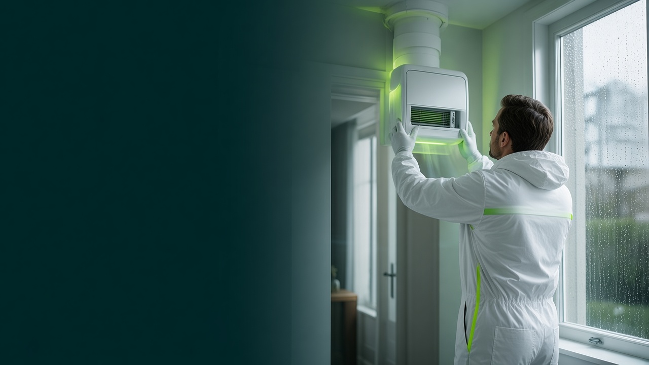 FreshGuard-technicus monteert een modern ventilatiesysteem in een lichte Nederlandse woning