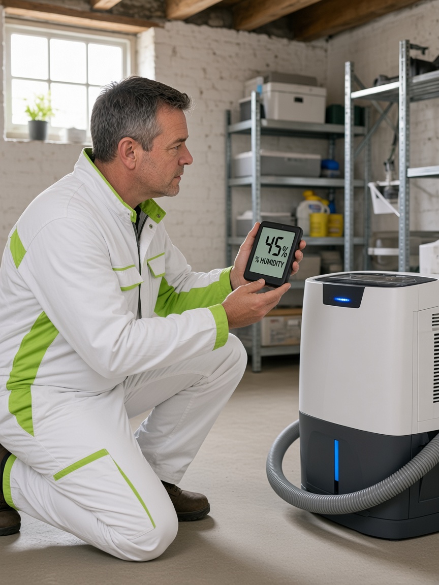 FreshGuard-technicus controleert een hygrometer op 45 procent naast een luchtontvochtiger in een kelder