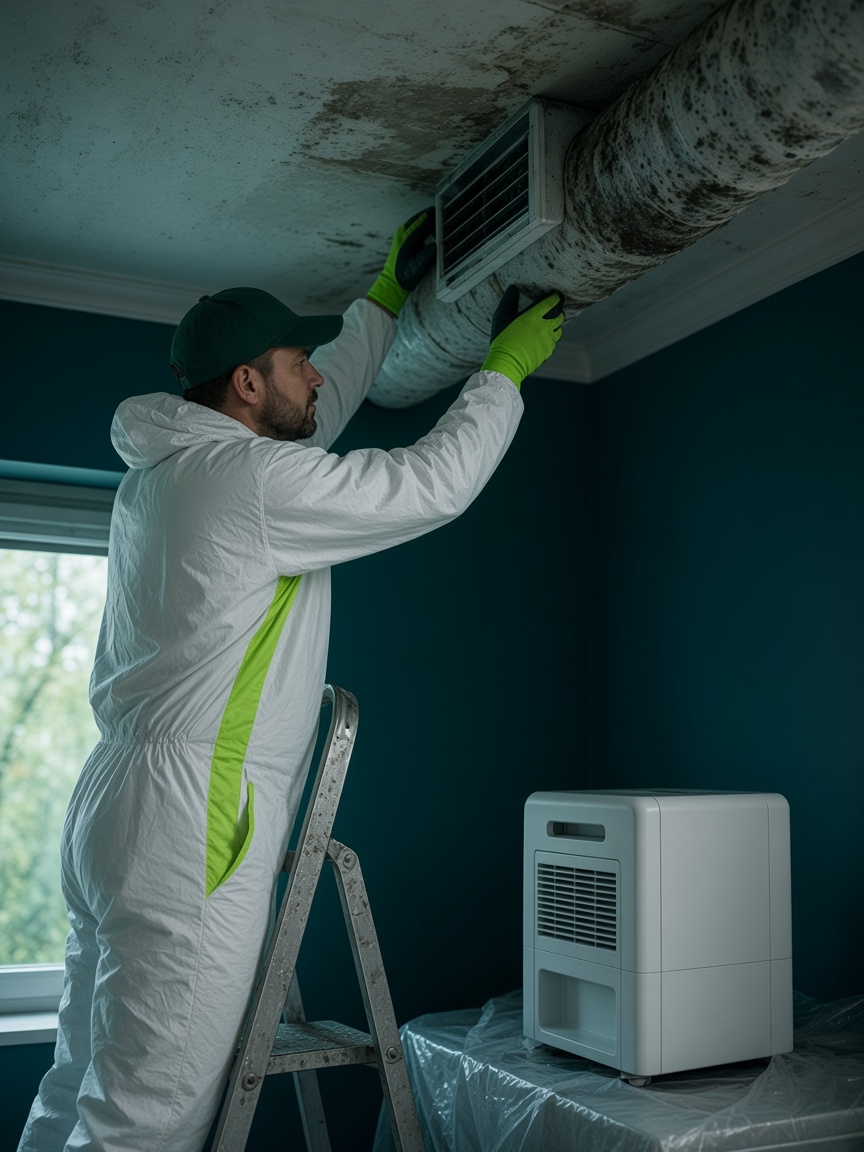 FreshGuard-specialist verwijdert een oud beschimmeld ventilatiekanaal, met een nieuw apparaat klaar op een afgedekte vloer