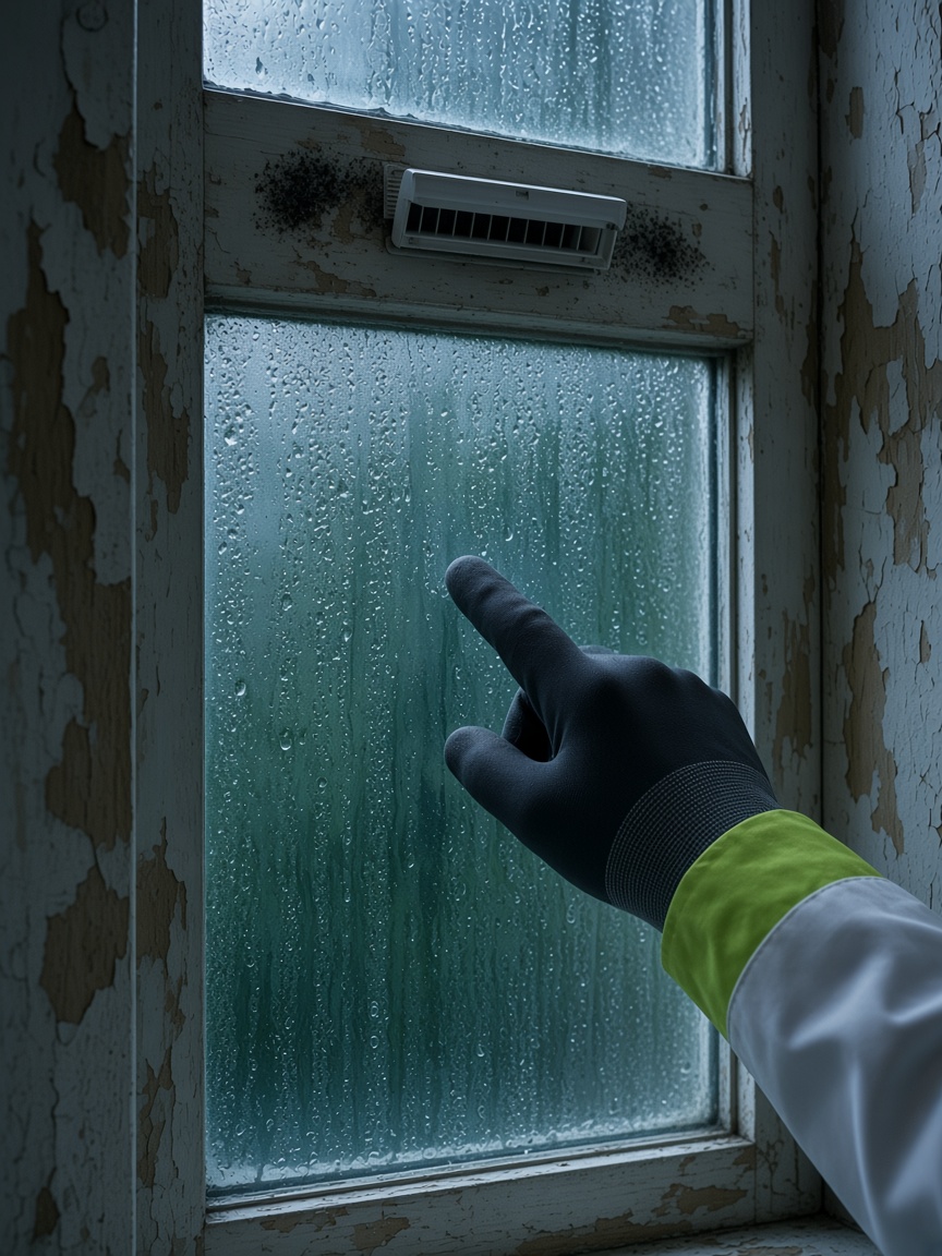 Gehandschoende FreshGuard-hand wijst naar zware condens op een raam onder een ventilatierooster met schimmel en afbladderende verf