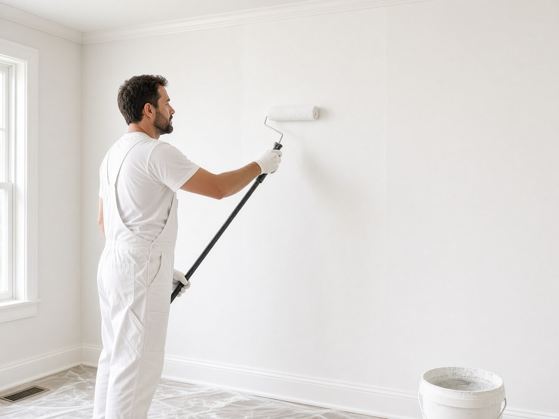 Painter applying final finish to an interior wall