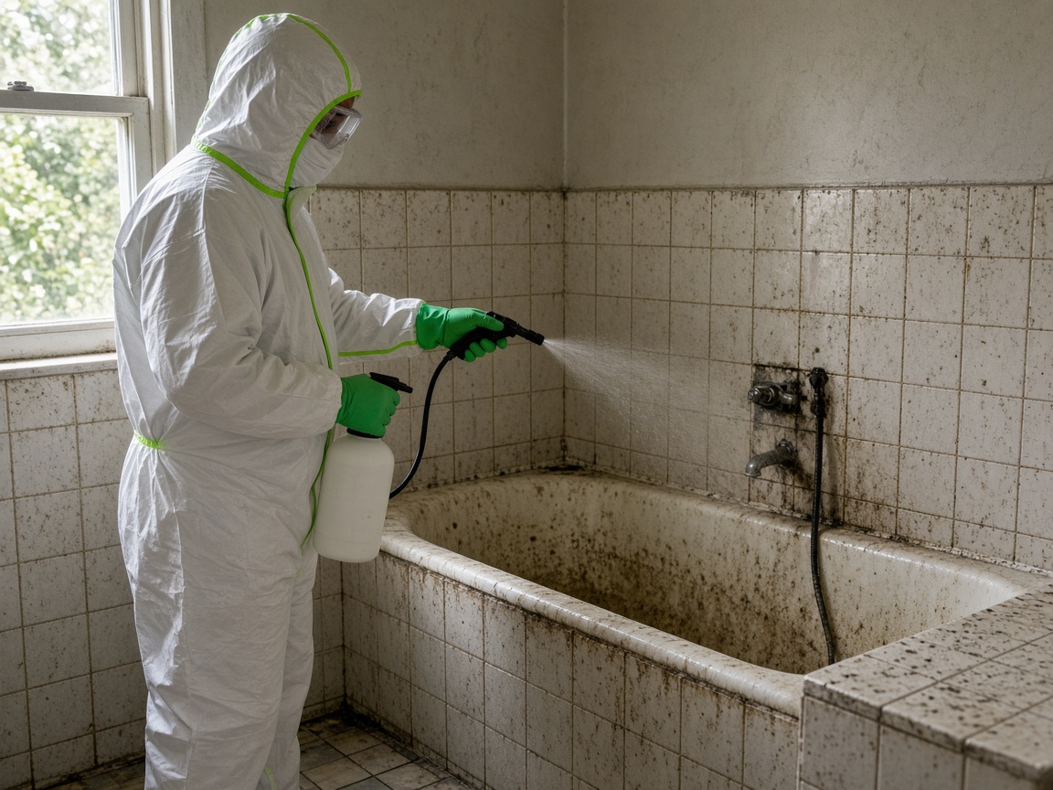 Desinfecterende foggingbehandeling in een vervuilde badkamer
