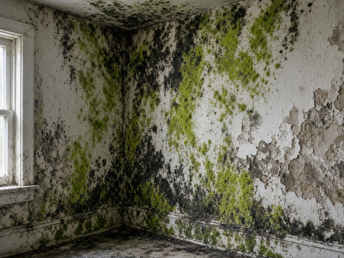 Zichtbare schimmelgroei op een badkamermuur en plafond