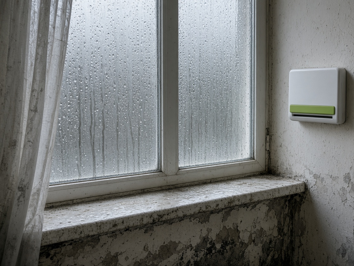 Condens op het raam en vocht bij een ventilatie-unit